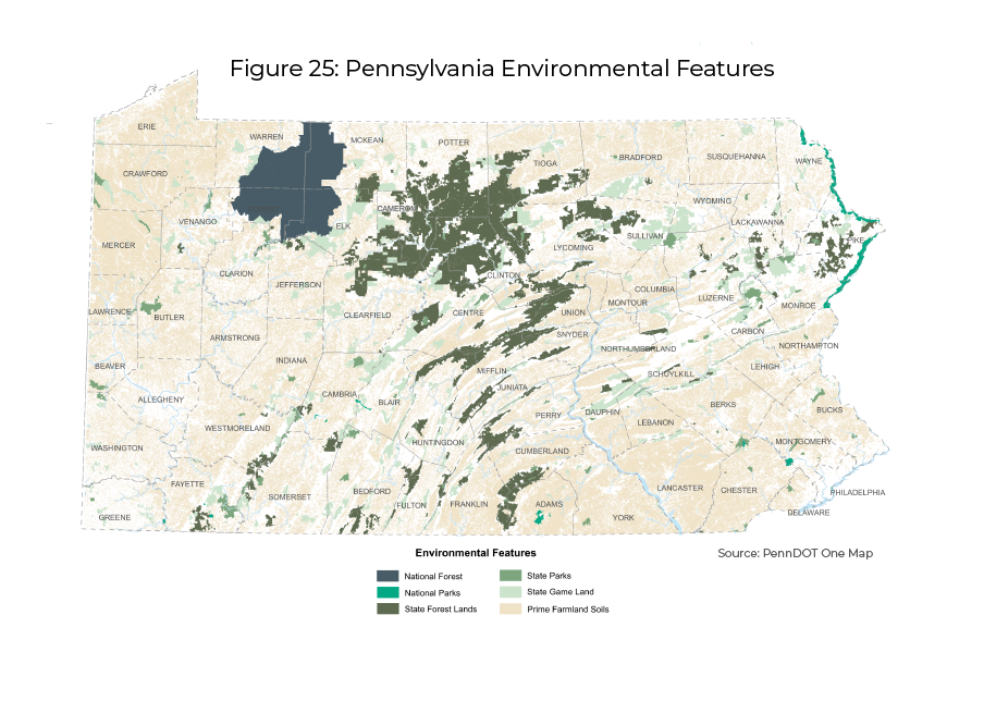 A topographical map of Pennsylvania depicting the environmental features, including national forest, national parks, state forest lands, state parks, state game land, and prime farmland soils.